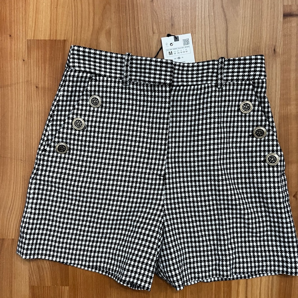 Zara Black and White Checkered Women Shorts
